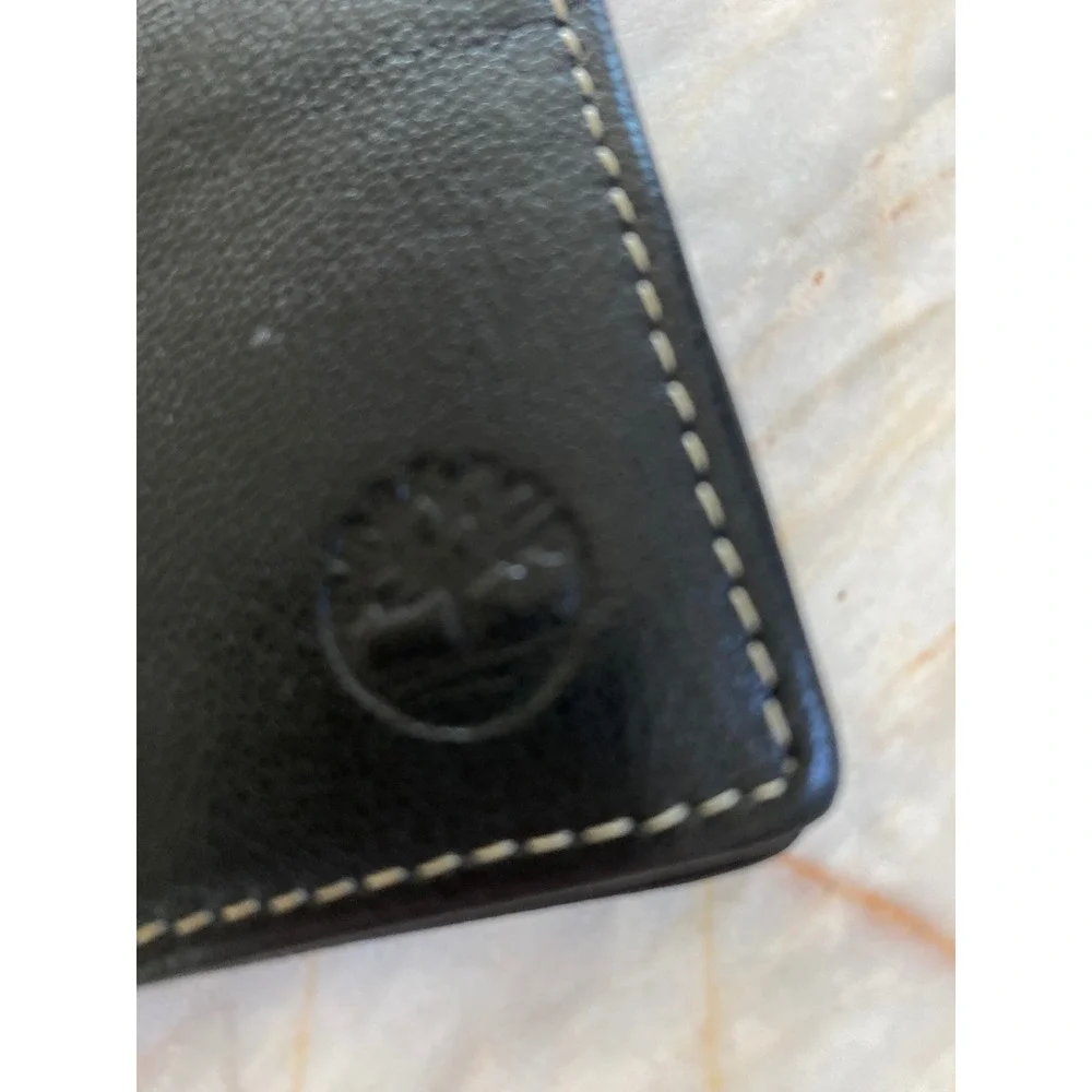 Timberland Mens Black Leather Bifold Wallet Contrast Stitch Embossed Tree Logo
